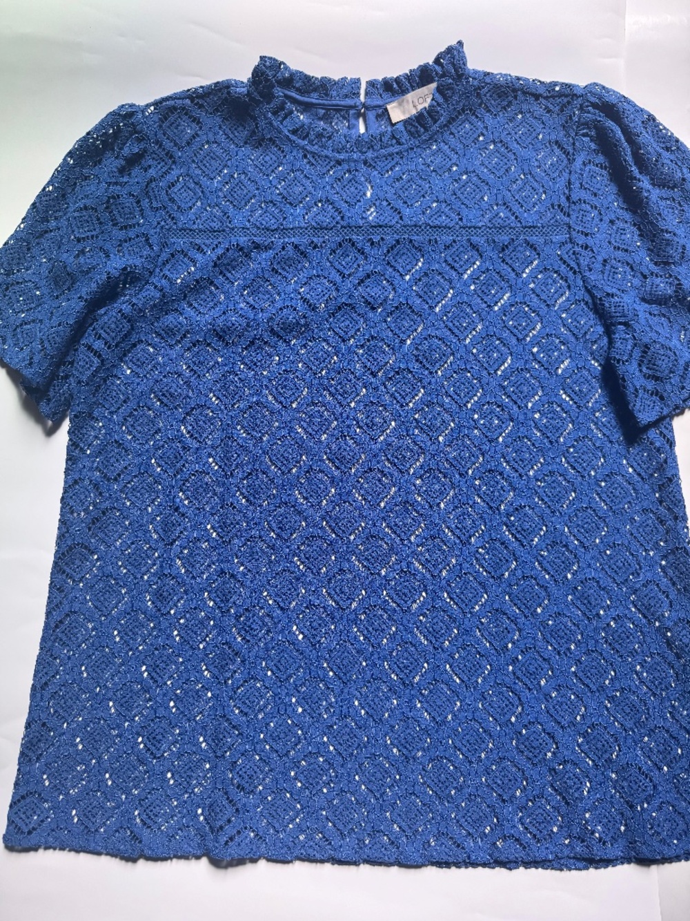 LOFT Blue Lace Blouse Women’s Medium Mock Neck Puff Sleeve Dressy Top